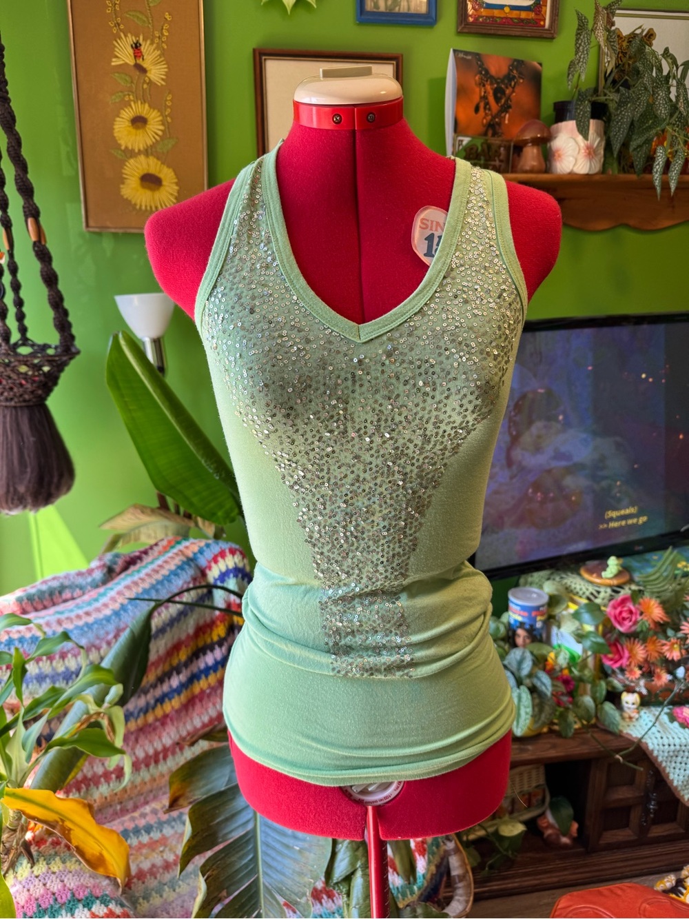 Embellished Mint Green V-Neck Tank Top - Women